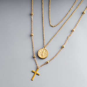 316L cross & coin triple chain necklace  #n72　☆