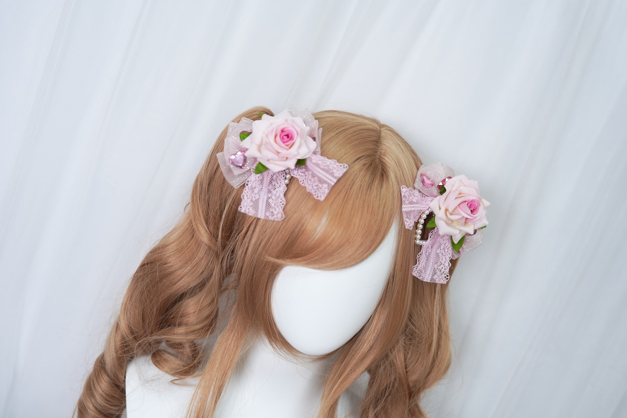 ♡【全2色】姫GAL ピンクローズ&パールハート オーガンジーリボンダブルヘアクリップ vivid pink ♡