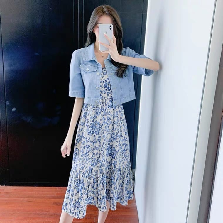 set】人気セットアップデニムジャケット+花柄キャミワンピース N