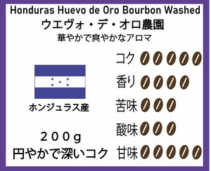 【手作りのコーヒー農園と精製所】ウエヴォ・デ・オロ 200g　1750円   （ホンジュラス産珈琲豆）