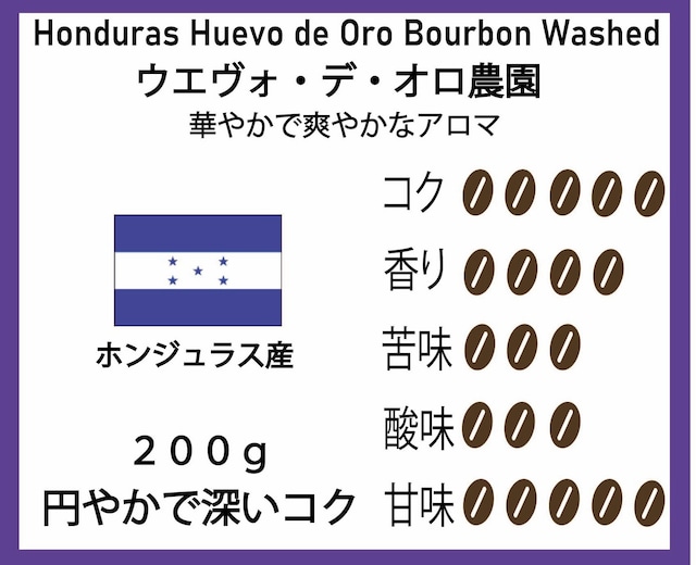 【手作りのコーヒー農園と精製所】ウエヴォ・デ・オロ 200g　1750円   （ホンジュラス産珈琲豆）