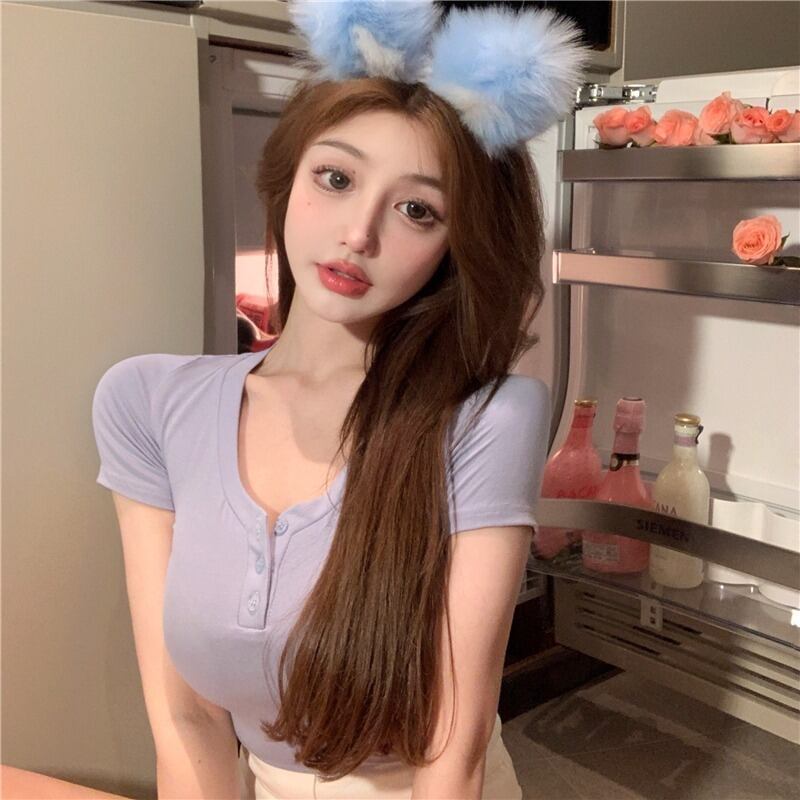 Tシャツ サマーVネックショートスリムブルートップス 夏物 YY-ファッション16853306731