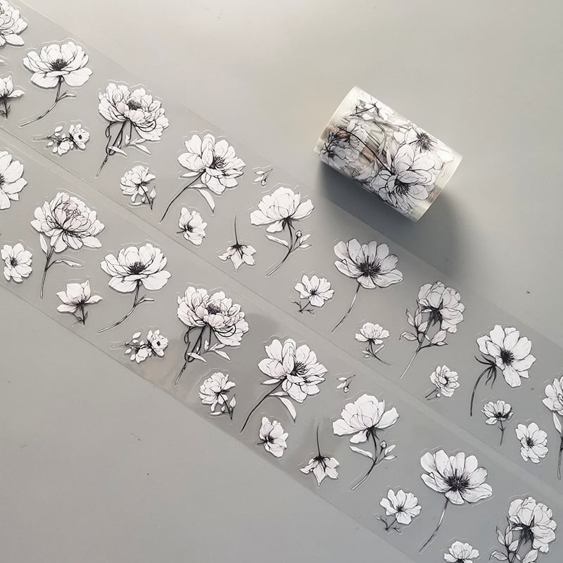 モノクロ ハーフカット済 女の子 花 クリアPETマスキングテープ | 手帳