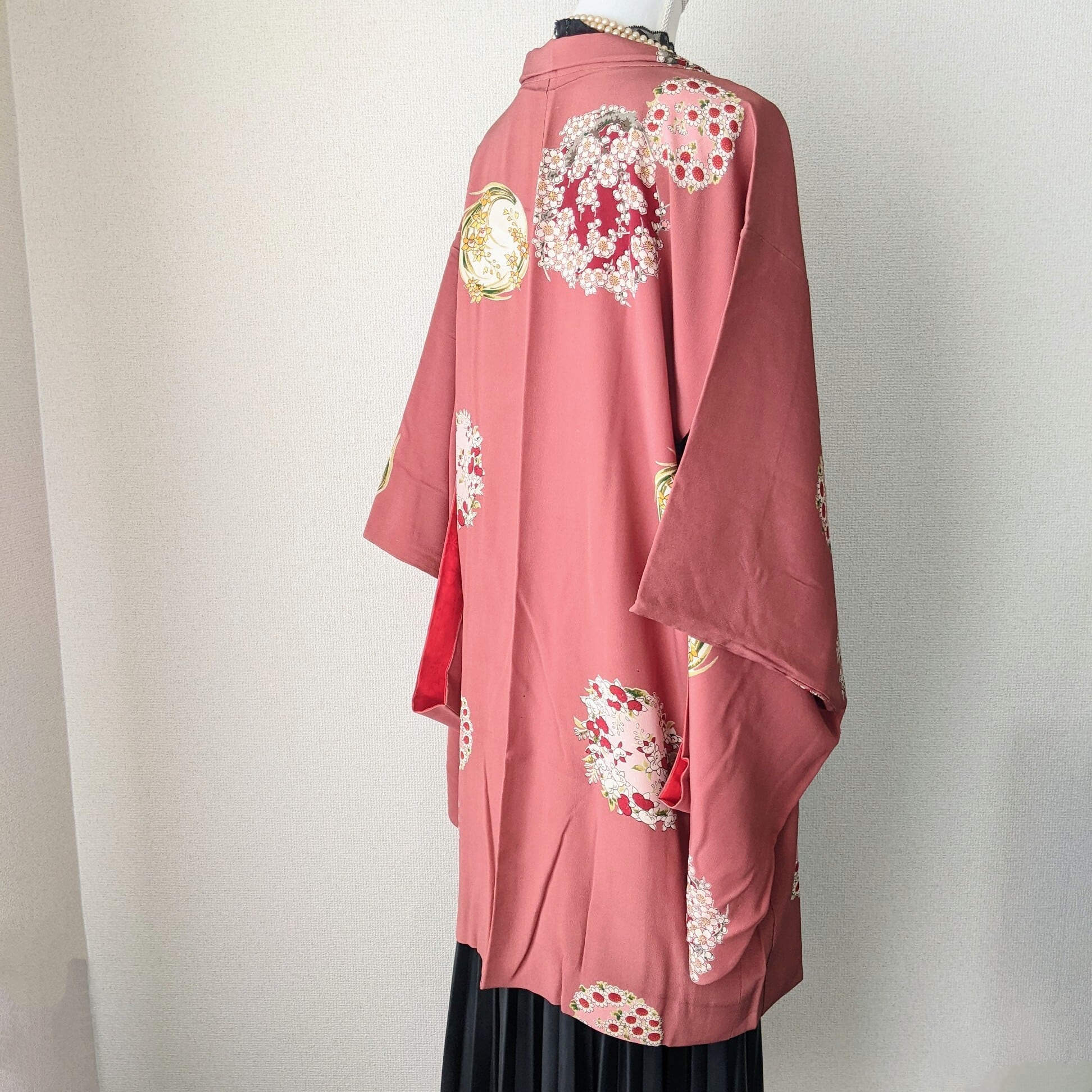 Vintage】HAORI 長羽織 羽織 正絹 縮緬 くすみピンク色 花丸文様 