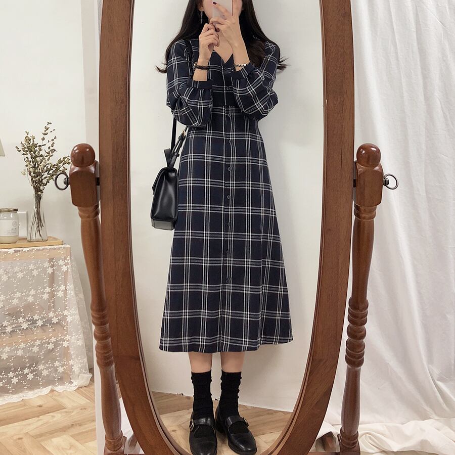 dress】カジュアルワンピースレトロチェック柄森ガール | nanastyle