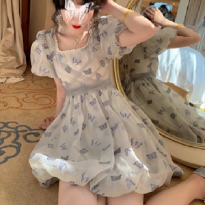 【送料無料】 ミニドレス  ワンピースドレス  バルーン袖・半袖  Aライン・フレア  フェミニン  ラウンドネック  エレガント系  きえいめ  大人可愛い  レディースファッション・可愛い 蝶々 夏  パーティ・二次会・お呼ばれ  バルーンスカート