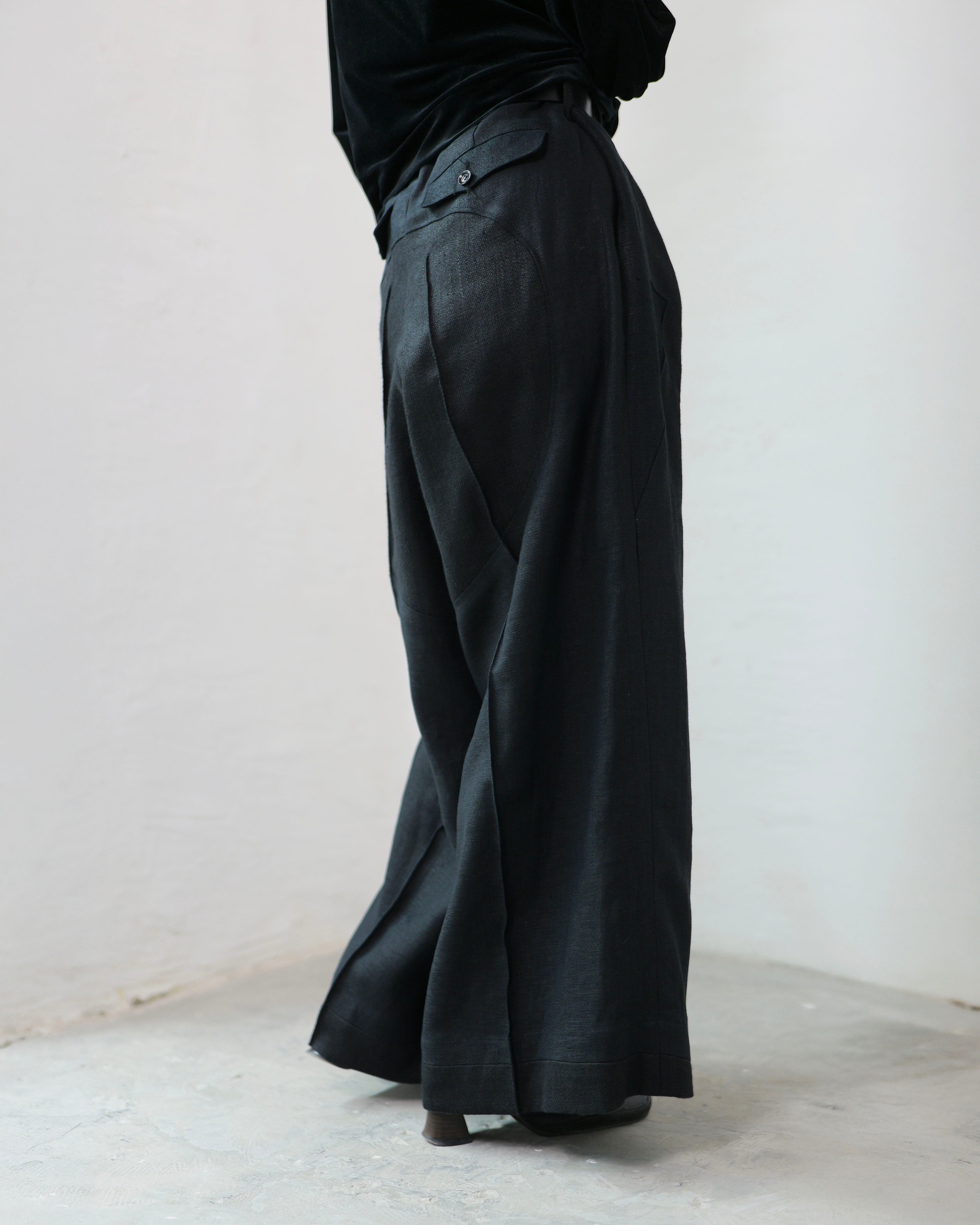 i'm here - Linen Wide Pants ：Black｜3種リネン切替／ワイド／“だ