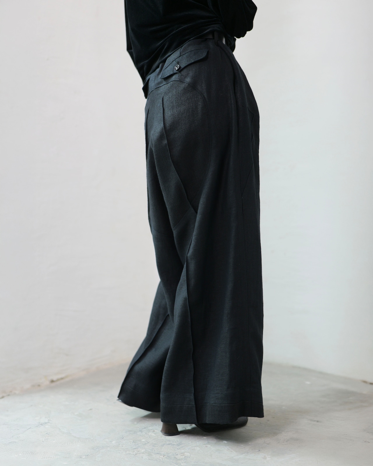 i’m here - Linen Wide Pants :Black|3種リネン切替/ワイド/“だまし絵”前立て