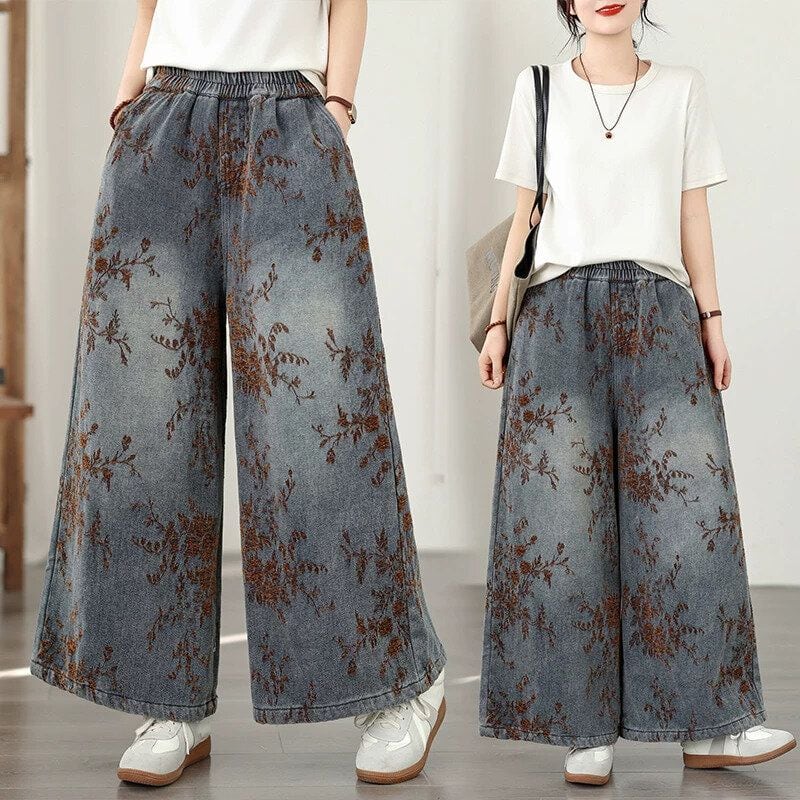 BOTANICAL PATTERN ELASTIC WAIST WIDE LEG DENIM PANTS 1color M-15994