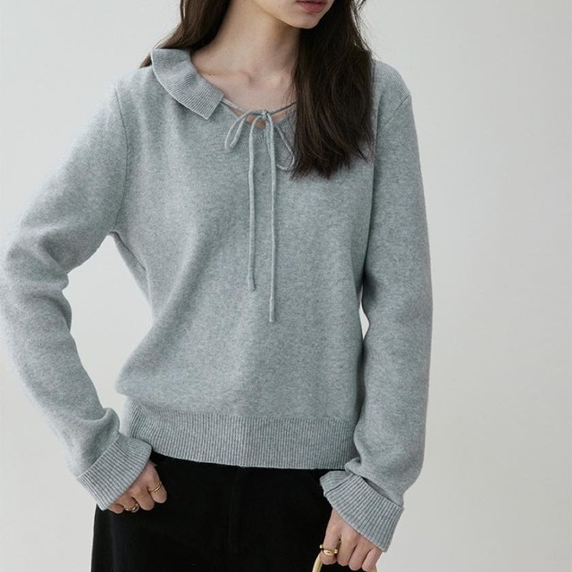 design collar ribbon tie knit tops