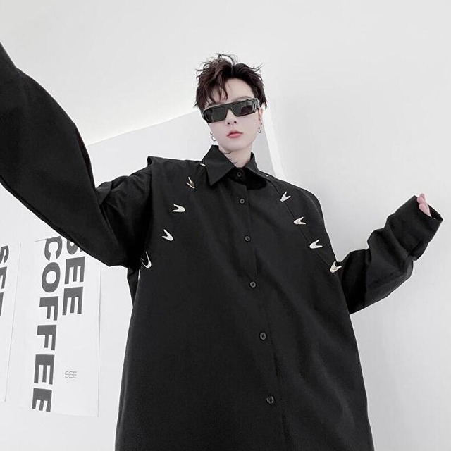 ゴスロリ通販 With U ゴシック ロリィタ メンズ モード服 長袖 ロング シャツ メタルパーツ 大きめ ストリート系 ゴスロリ服 ゴスロリ服 病み服