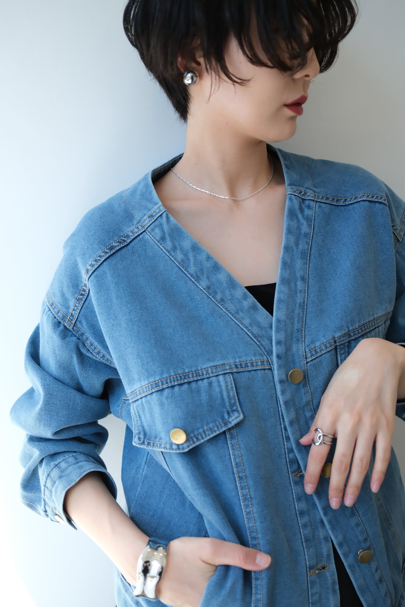No-collar Denim Jacket ノーカラーデニムジャケット BLue | planet3rd