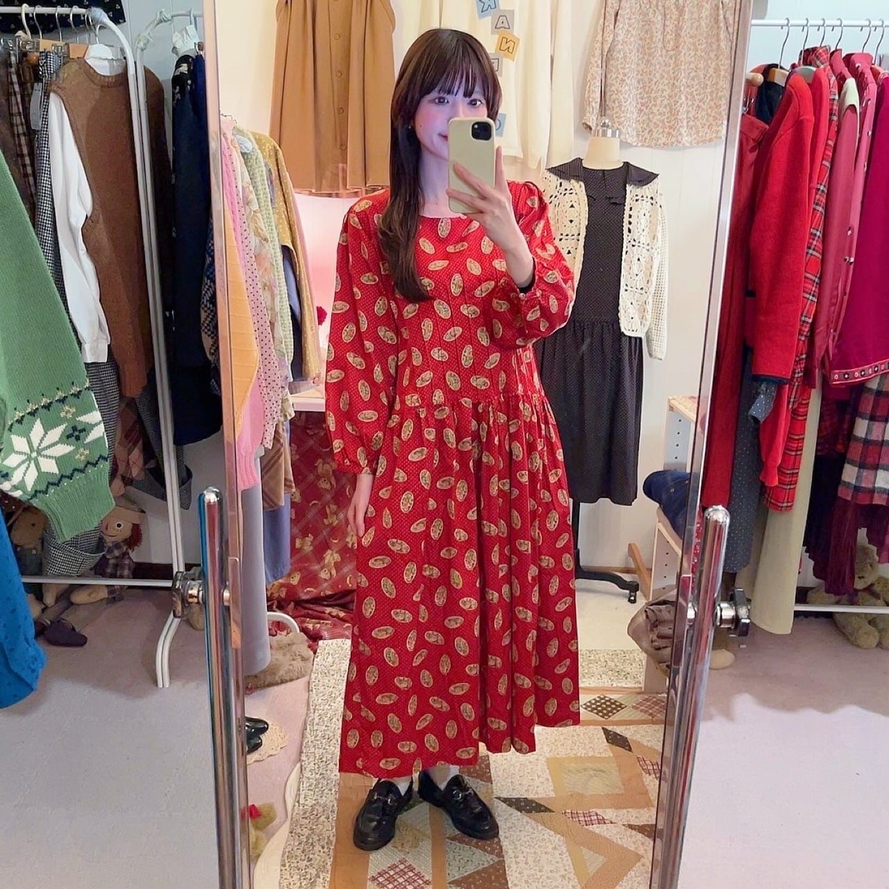 red paisley dot back button one-piece