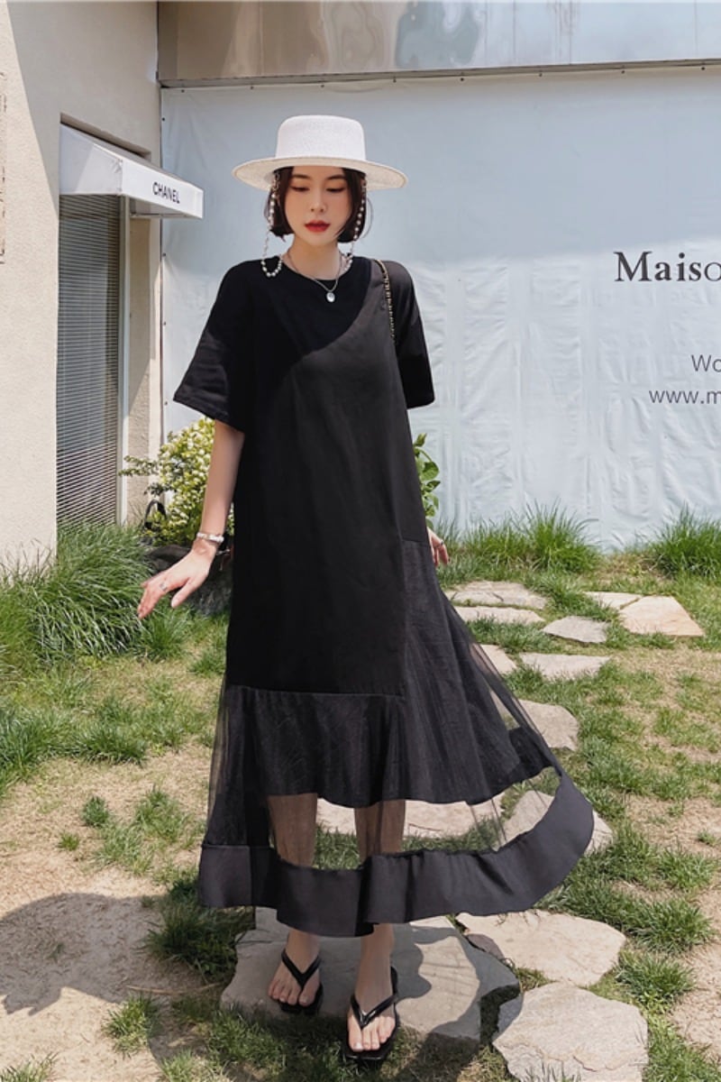 裾シースルーワンピース ワンピース フレアワンピース ロング ロング丈