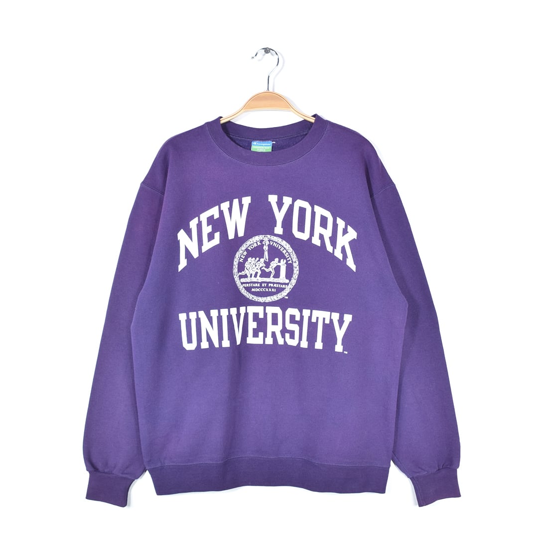 チャンピオン エコフリース スウェット カレッジ 3段プリント NEW YORK UNIVERSITY パープル CHAMPION メンズM 古着 @CF0913