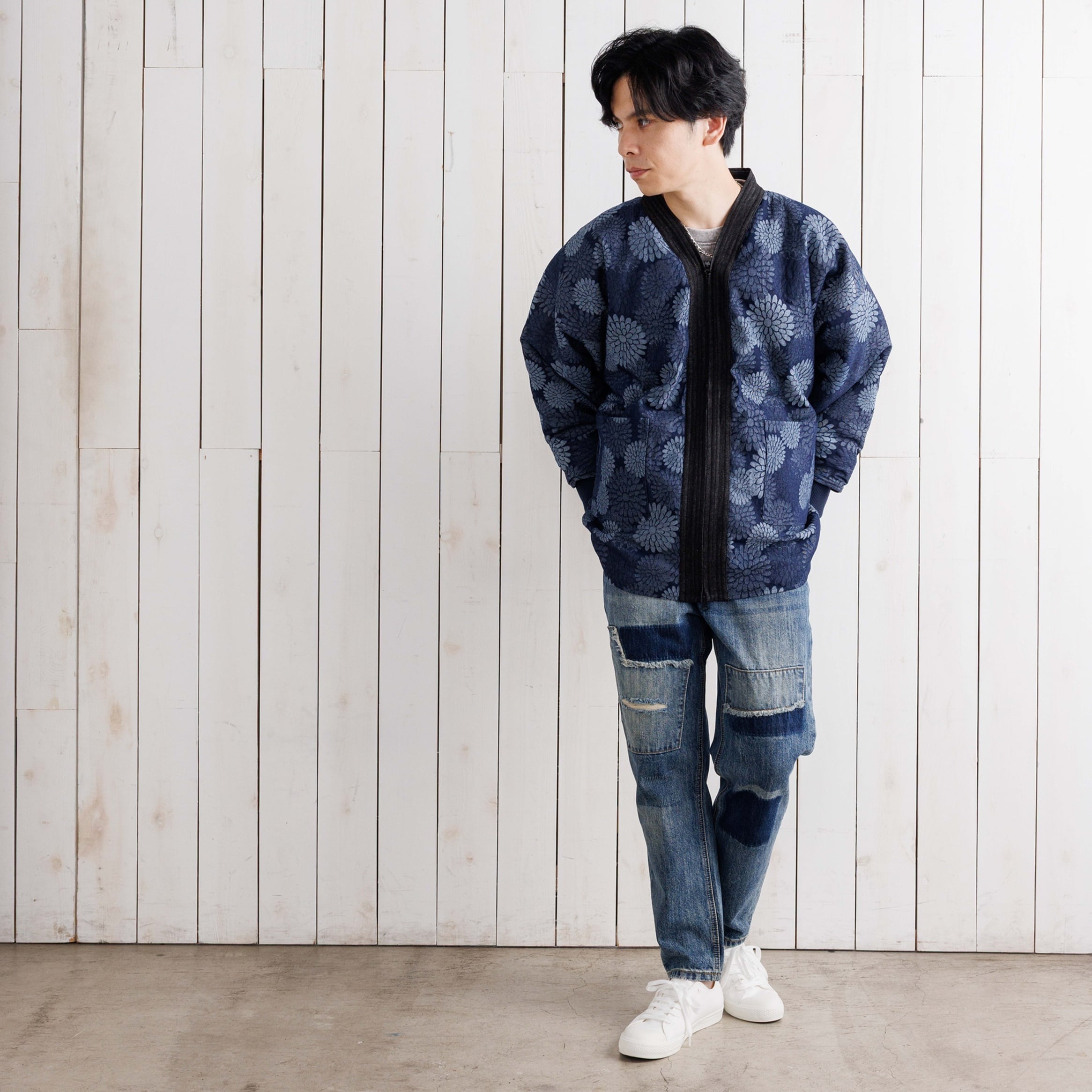 寒風寒波上等デニム半纏（ハンテン）菊柄NAVY ジャガード | Godisru