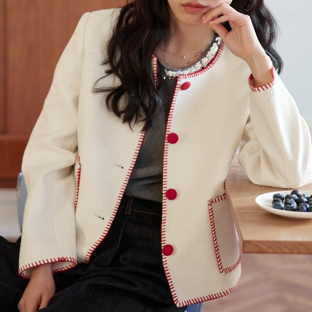 ステッチデザイン フロントボタン ラウンドネック ツイード調ジャケット 00366