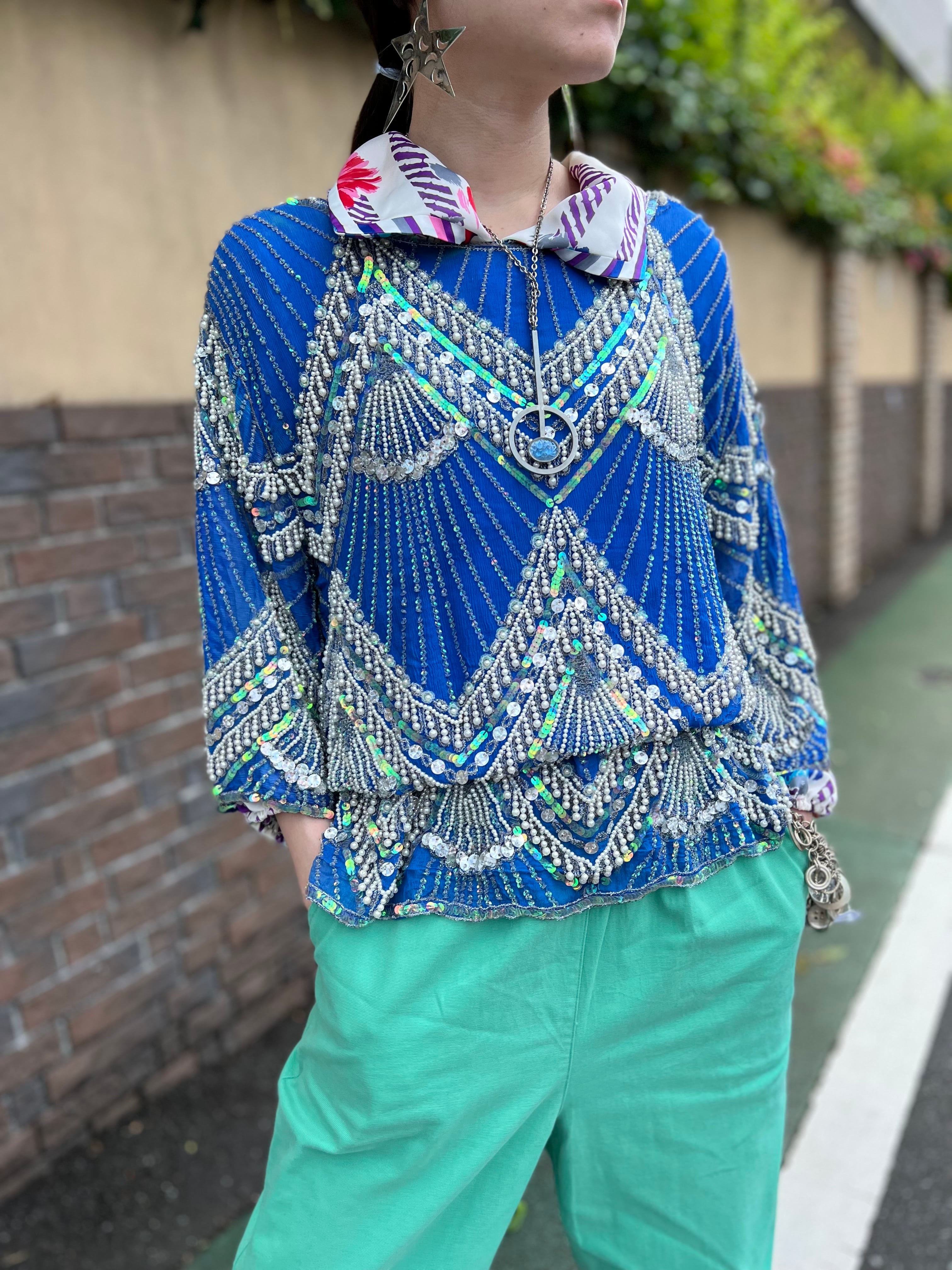 80s blue × spangle × beads silk tops ( ヴィンテージ ブルー