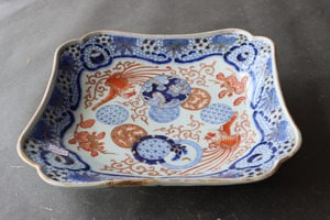 伊万里焼 色絵 鳳凰丸文 角大皿 /Imari square shaped large size plate