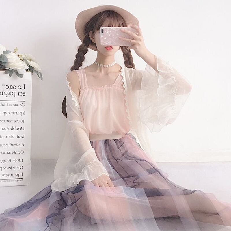 サマースーツ女性気質学生日焼け止め服スタイル小さな新鮮なスリングメッシュスカートファッションカジュアルスリーピーストレンド 萌量不足68928698785