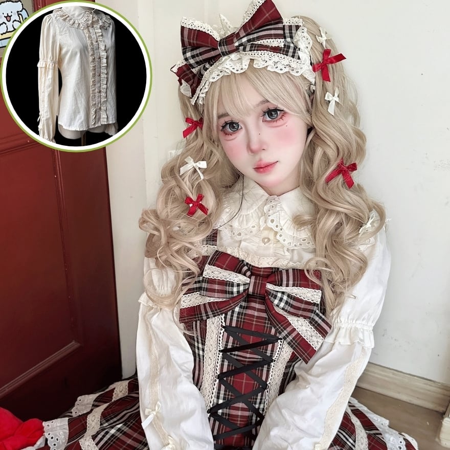 【ロリータ ブラウス / 甘ロリ量産型】フリル×レース襟のクラシカル長袖トップス|JSKコーデ用インナー・地雷系ガーリーにも◎