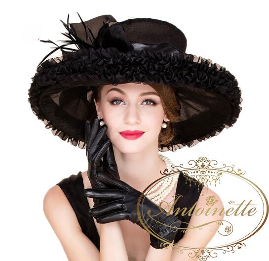 オードリー ウェディング 演劇 ブライダル 衣装 撮影 カクテル トーク ハット 帽子 女優帽 サマー パーティー 結婚式 貴族 英国式 イギリス 王室 ヘップバーン Elegant Organza Church Dresses Hats For Women Wedding Formal Large Wide Brim Fedoras