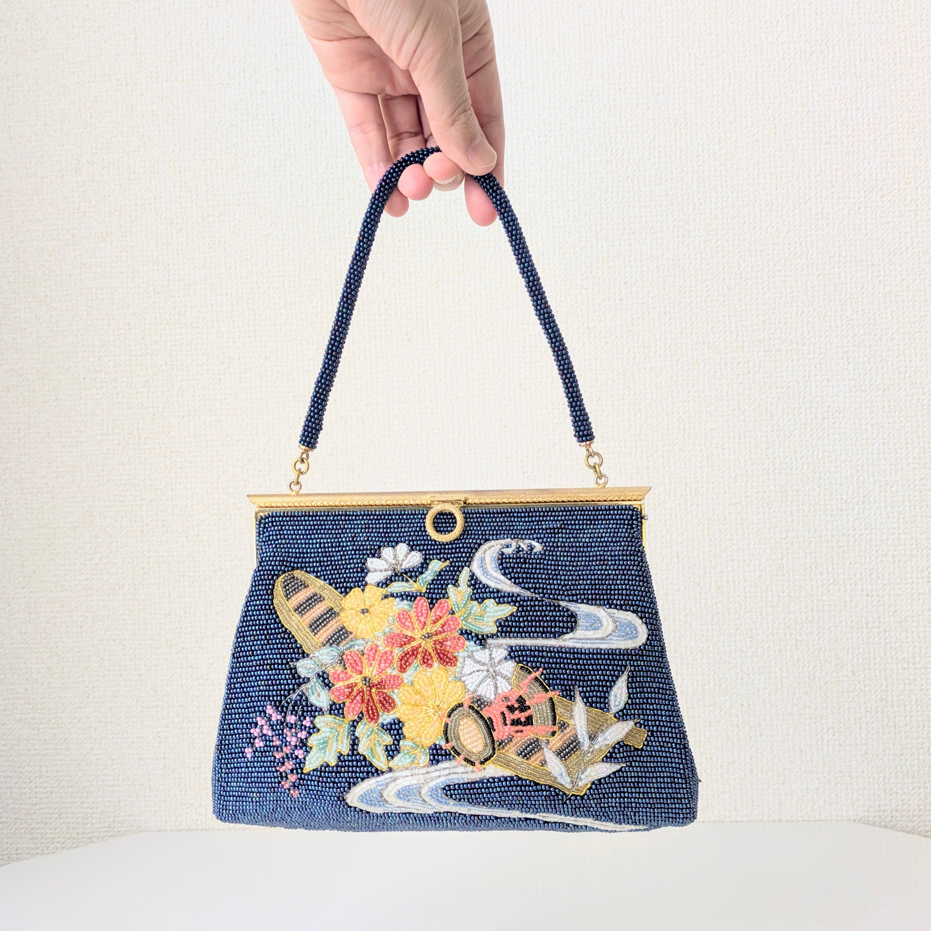 Vintage】ビーズ刺繍バッグ 紺色 金 花筏 パーティーバッグ 昭和レトロ