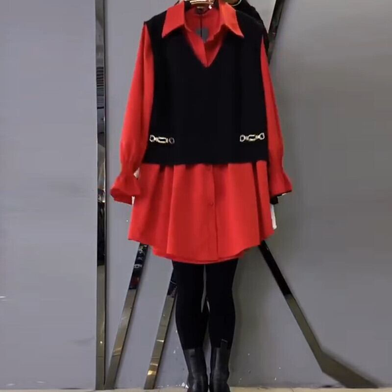 スプリングVネックチェーン ドレス 大きめサイズ 春物 ミックスインファッション87642249443