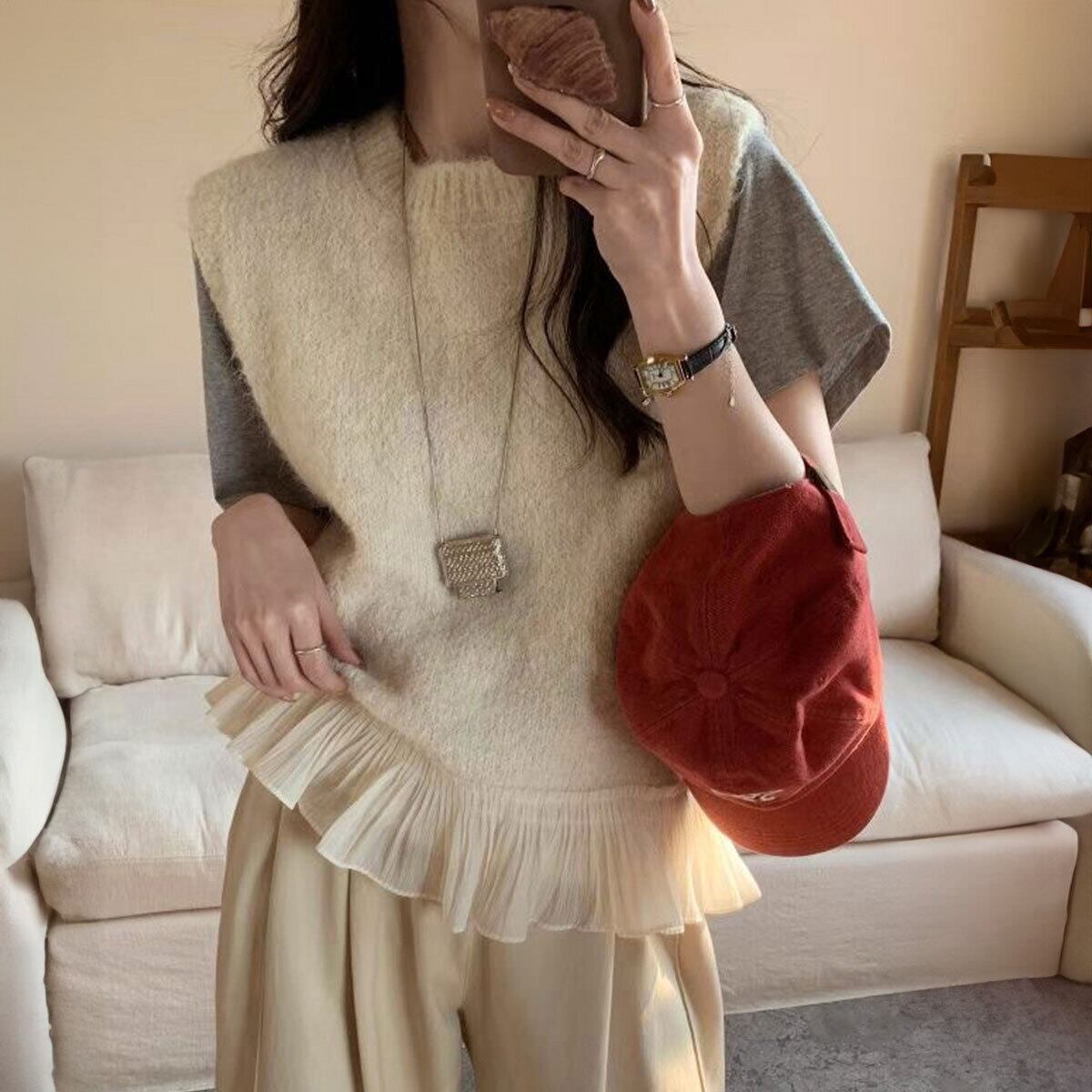 裾フリル ニット ベスト レディース 春秋冬 韓国 ジレ きれいめ 大人 かわいい 重ね着 レイヤード セーター ノースリーブ カジュアル プリーツフリル チョッキ 大人可愛い 大人女子