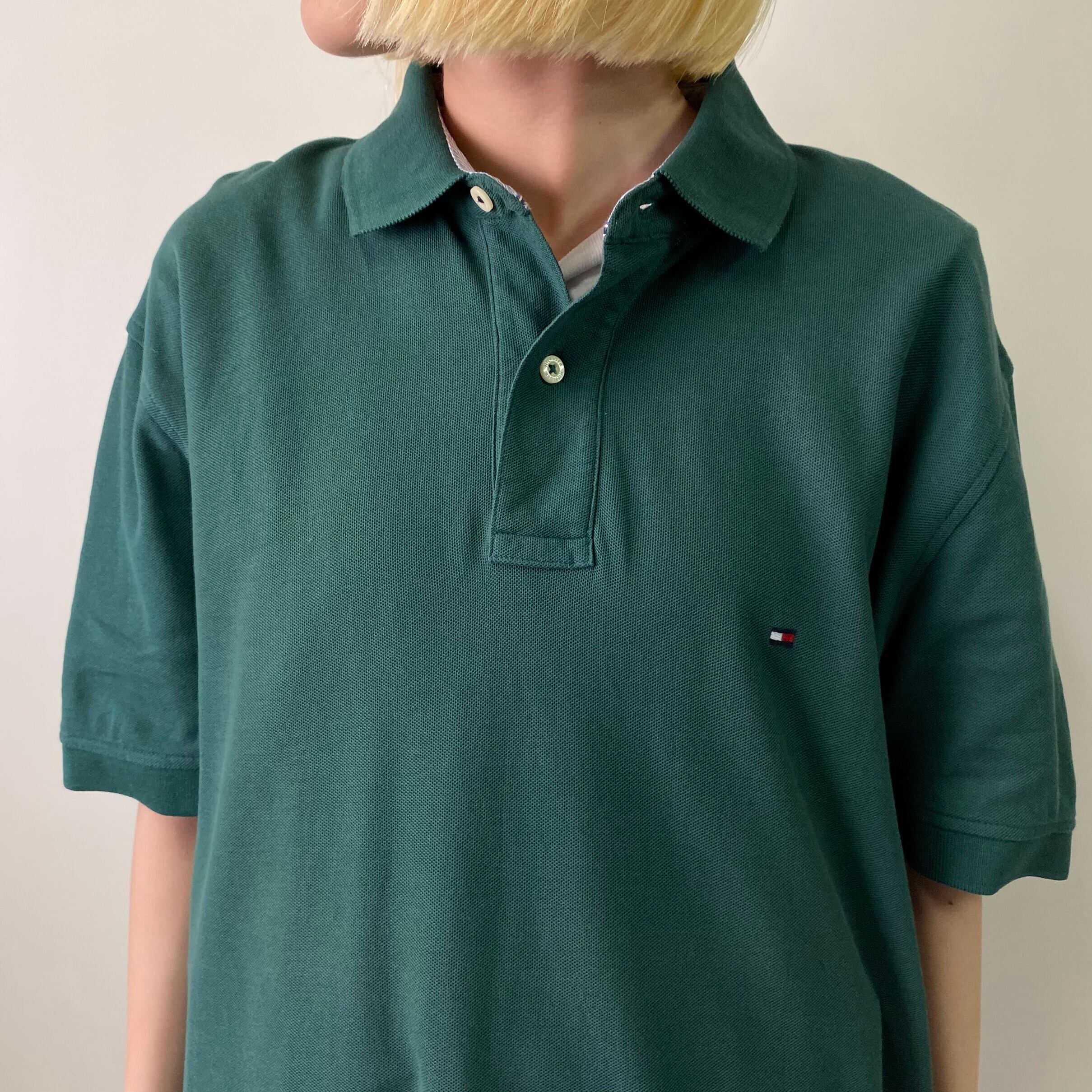 ポロシャツ　長袖　ワンポイント刺繍　ハーフボタン　襟　カーキ　緑