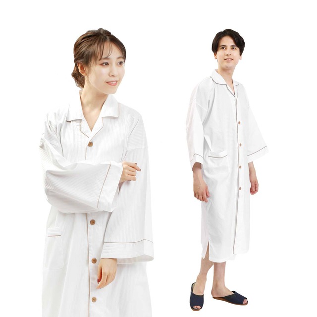 館内着 リネン対応 ガウン 白 シャツ型 男女兼用 フリーサイズ 単品