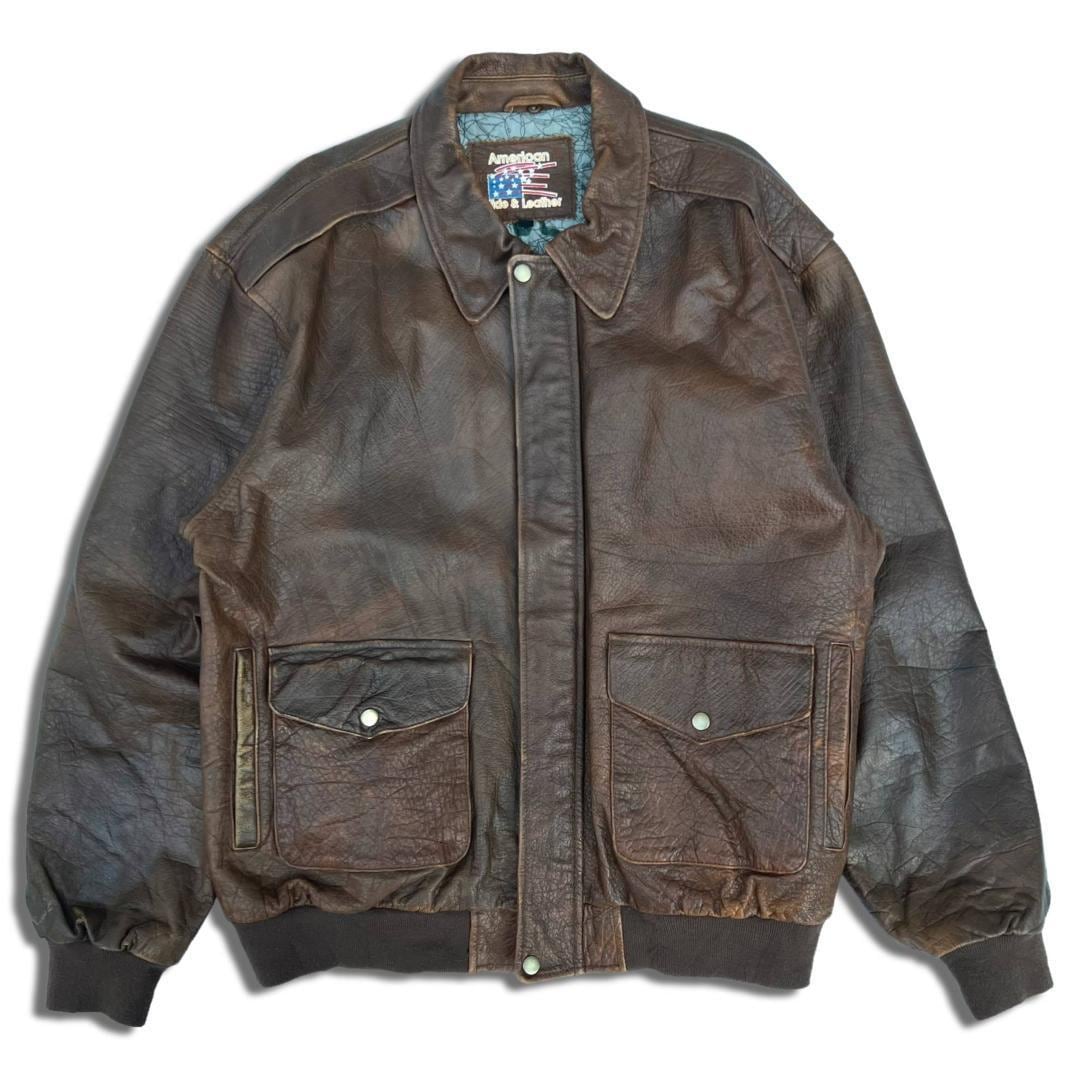 90s AmericanHide＆Leather A2 レザージャケット 2XL ブラウン ミリタリー レザーブルゾン 革ジャン 短丈 ショート丈  派手裏地 古着 | T.R.O.Y CLOTHING USED ＆　NEW powered by BASE