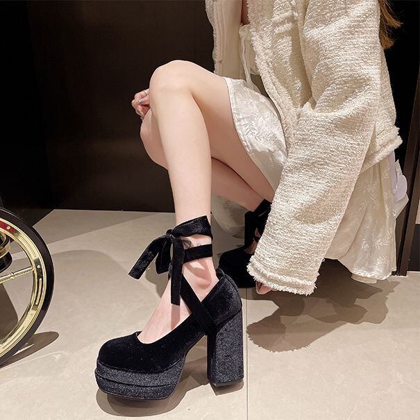 チャンキーヒール ハイヒール リボン パンプス 11cm チャンキーヒール