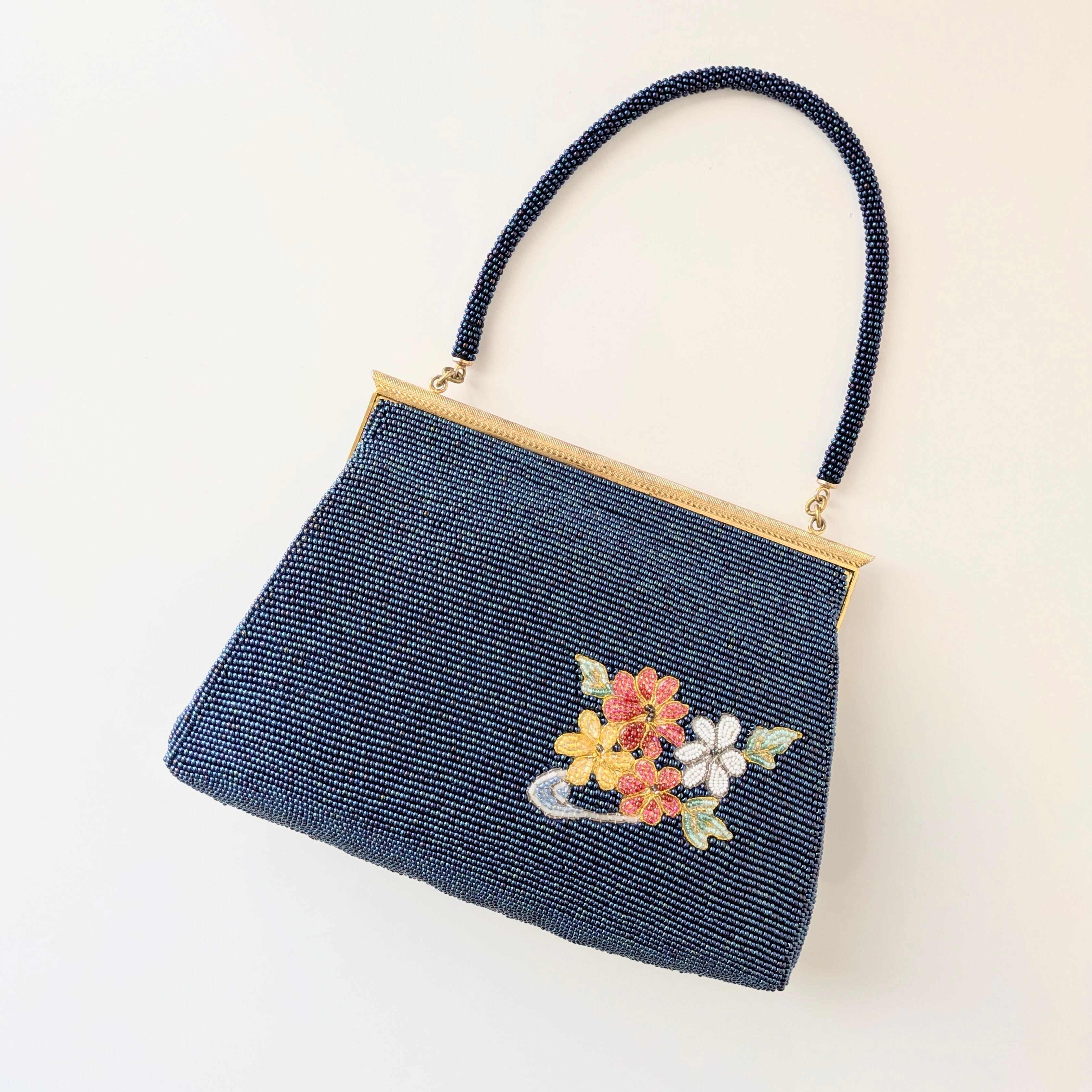 Vintage】ビーズ刺繍バッグ 紺色 金 花筏 パーティーバッグ 昭和レトロ