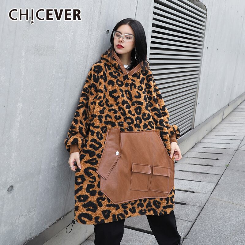 CHICEVERヒョウのスウェットシャツ女性フード付きランタン長袖パッチワーク特大ラムウールコートスタイル ロング 6base539578462788