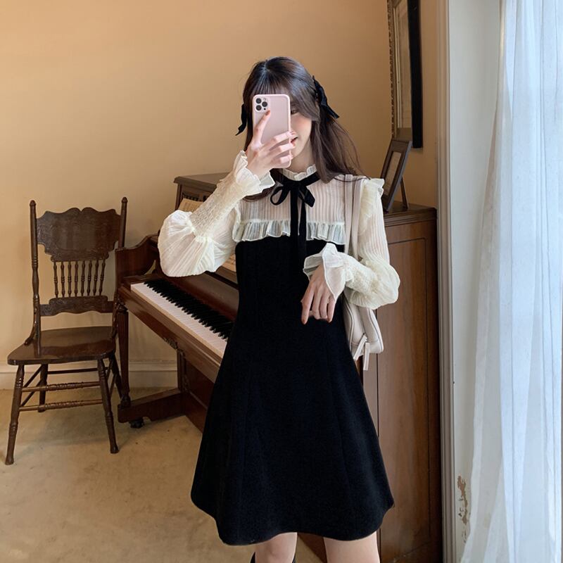 レースドレス スプリングスタンダードブラック ロング レトロ 春物 ステッチ スーパーモール36721234993