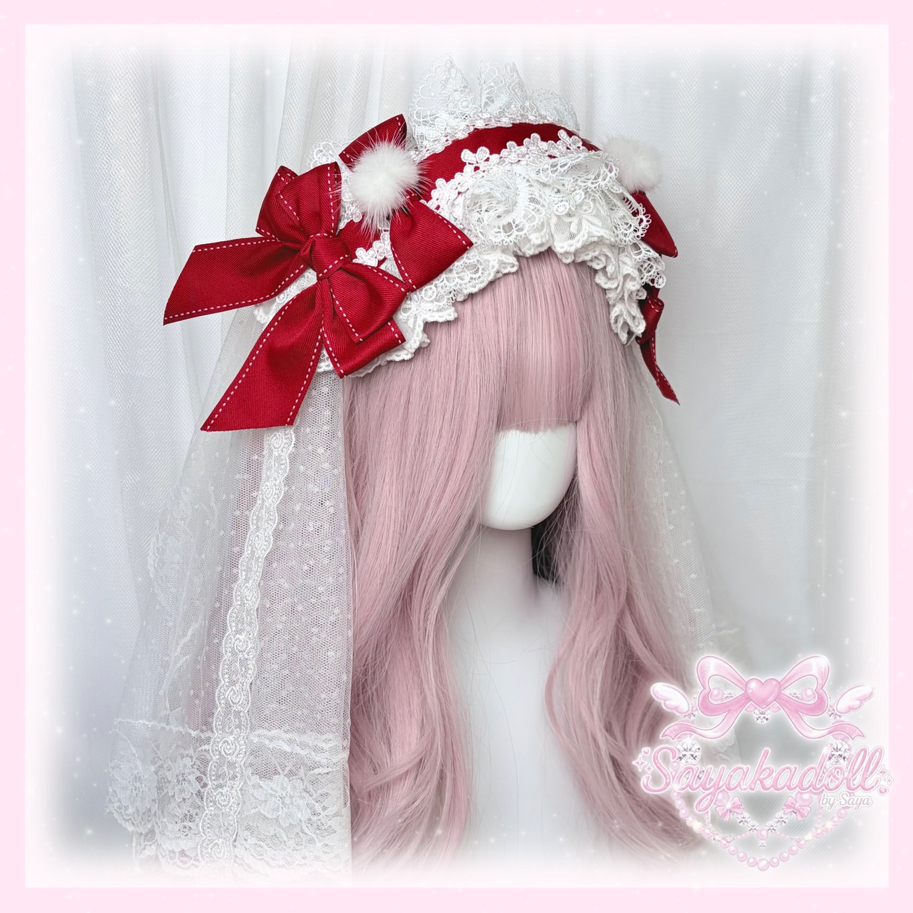 ♡【全5色】ヴェール別売り ぽんぽん付き ダブルリボン フリルレースヘッドドレス light blue×pink ♡