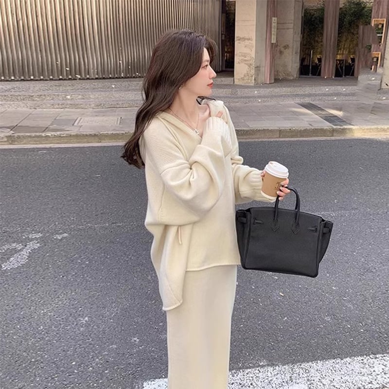 【set】フード付きニットトップス×ロングスカートセット Q8357