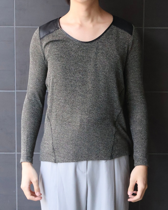 leather switching glitter knit