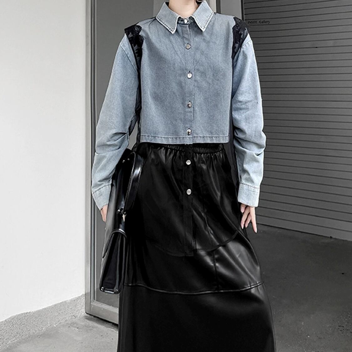 レース装飾 クロップド フェイクツーピース デニムジャケット 2color BL0618