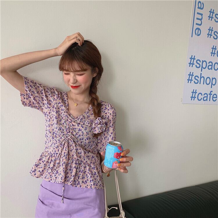 小花柄のトップス 花柄 レトロ シフォン ペプラム ブラウス Vネック ギャザー ドローストリング リボン ヘアゴム付き ガーリー 甘トップス RB-A07-0056