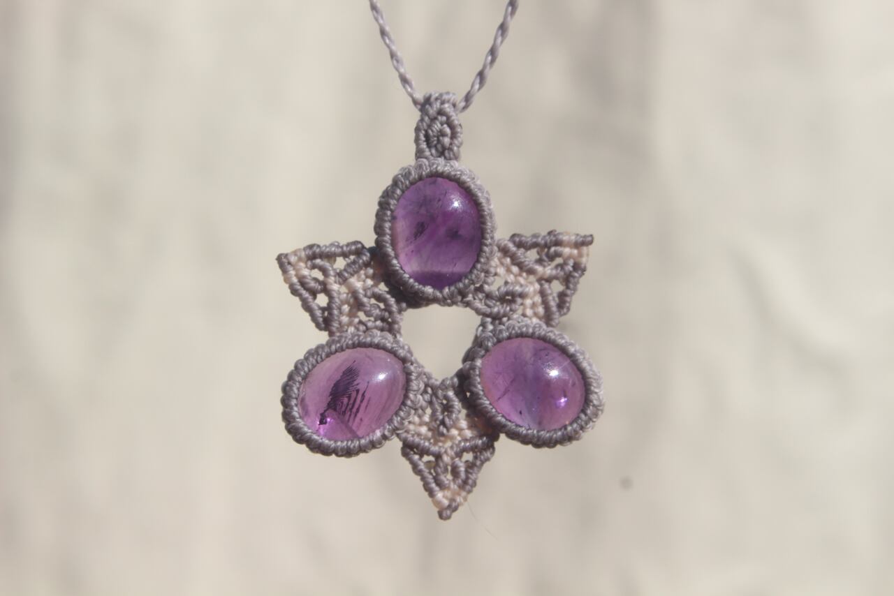 Amethyst micro macrame hexagram pendant