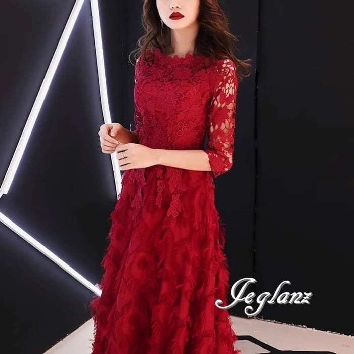 3色 パーティ フェザードレス 異素材 レース ロング/イブニング(M9105)ζ