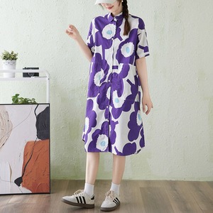 PRINT ROUND NECK BUTTONED MIDI SHIRT DRESS M-17615