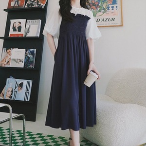 【送料無料】 ロングドレス ワンピース マキシ丈 半袖 バルーン袖 ボリューム袖 バイカラー フリル 夏 体系カバー カジュアル系 ラウンドネック ミモレ丈 30代 40代 レディースファッション 可愛い お出かけ 女子会 デイリーユース お茶会 お呼ばれ Aライン フレア