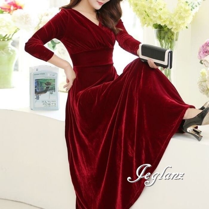 上品 ベロア調 ワンピース ドレス Vネック Aライン 光沢感 3色(MB047)η