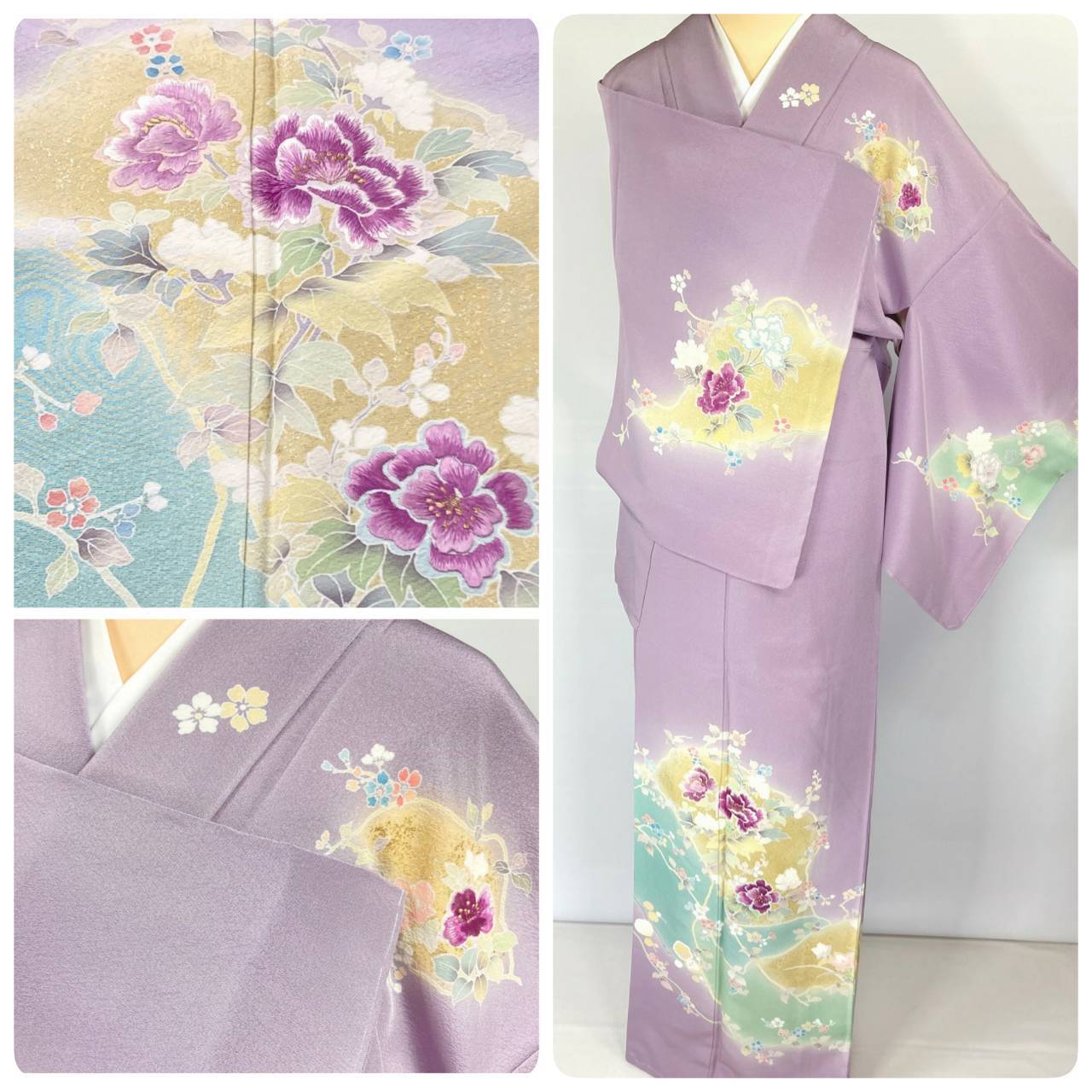 じゅらく帝王紫 刺繍 友禅 未使用 希少 訪問着 花柄 正絹 紫 藤色 黄緑 黄色 1040