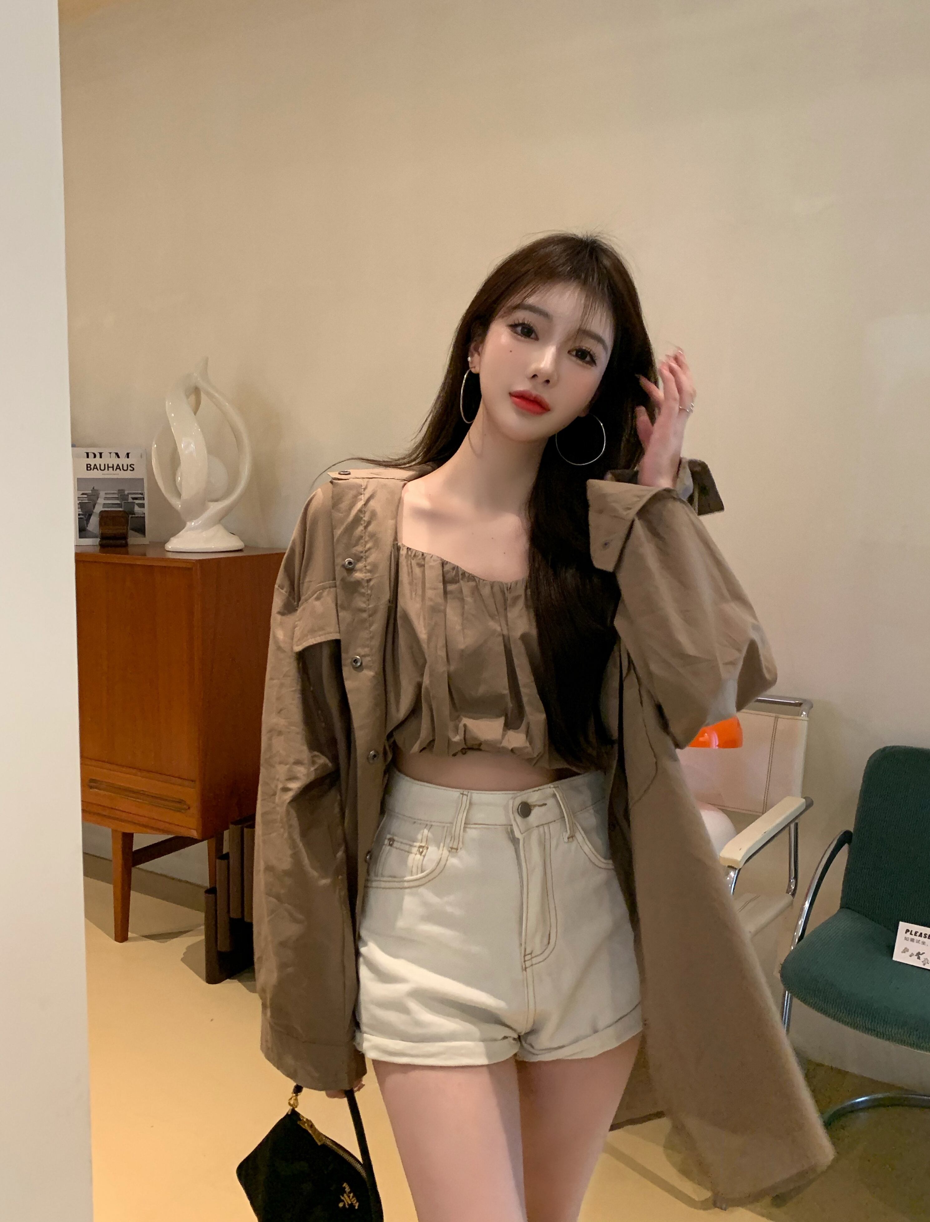 ブラックショートルーズカジュアルシャツ カーディガン ブラックストロベリース10144028531