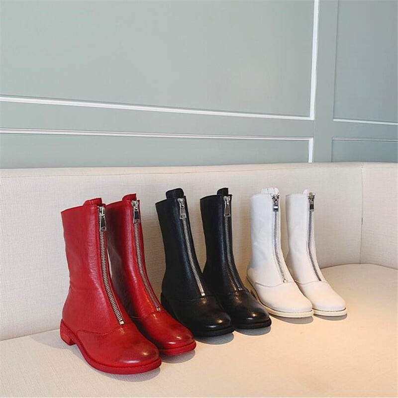 【新作】【送料無料】 冬の女性のハイヒールのブーツ丸いつま先の厚いヒールのハイヒールのブーツ黒赤白ファッション馬の革のブーツ ホワイト レッド ブラック 靴 シューズ ウィンター 冬物 ラウンドトー レザー 10b382201724725