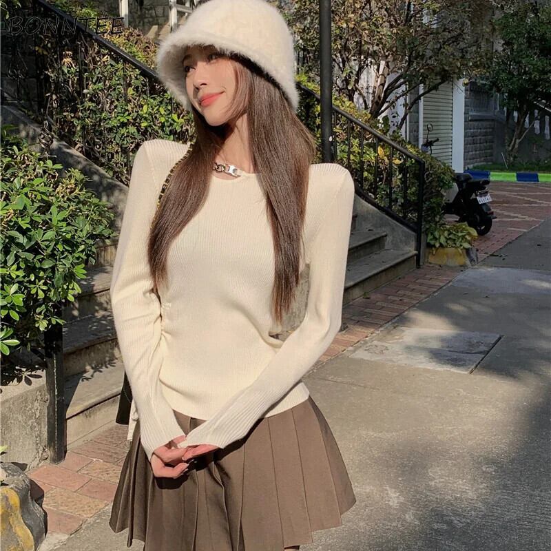 【新作】【送料無料】 O ネックプルオーバー女性巾着ベーシックスリムデザイン非対称固体シンプルな韓国風長袖エレガントなオフィスの女性 0249262380806